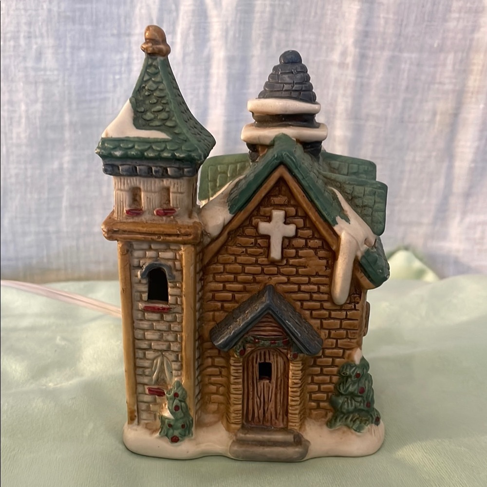 Ceramic Snowy Church Figurine holiday village piece lights up